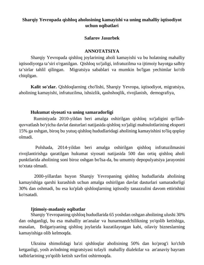 Sharqiy Yevropada qishloq aholosining kamayishi va uning mahalliy iqtisodiyot uchun oqibatlari