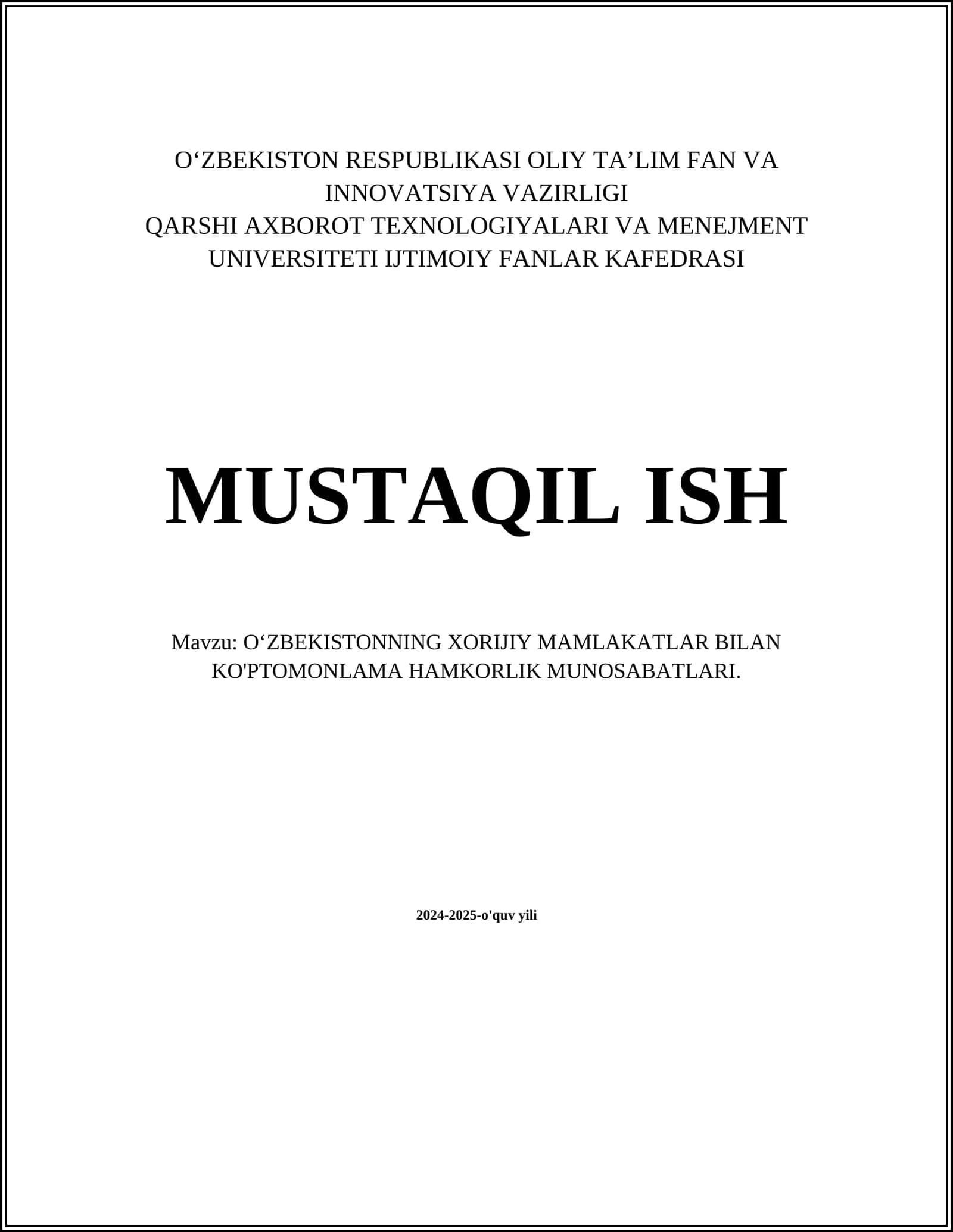 OʻZBEKISTONNING XORIJIY MAMLAKATLAR BILAN KO'PTOMONLAMA HAMKORLIK MUNOSABATLARI