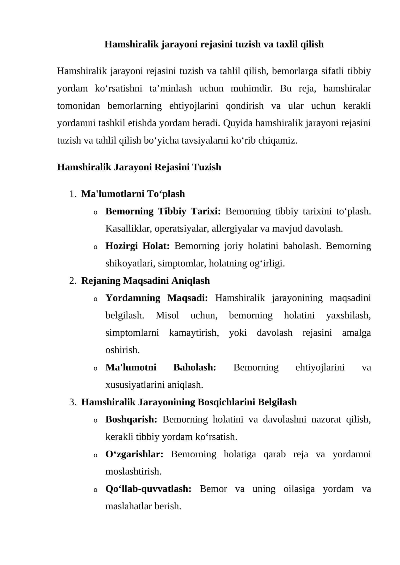Hamshiralik Jarayoni Rejasini Tuzish va Taxlil Qilish