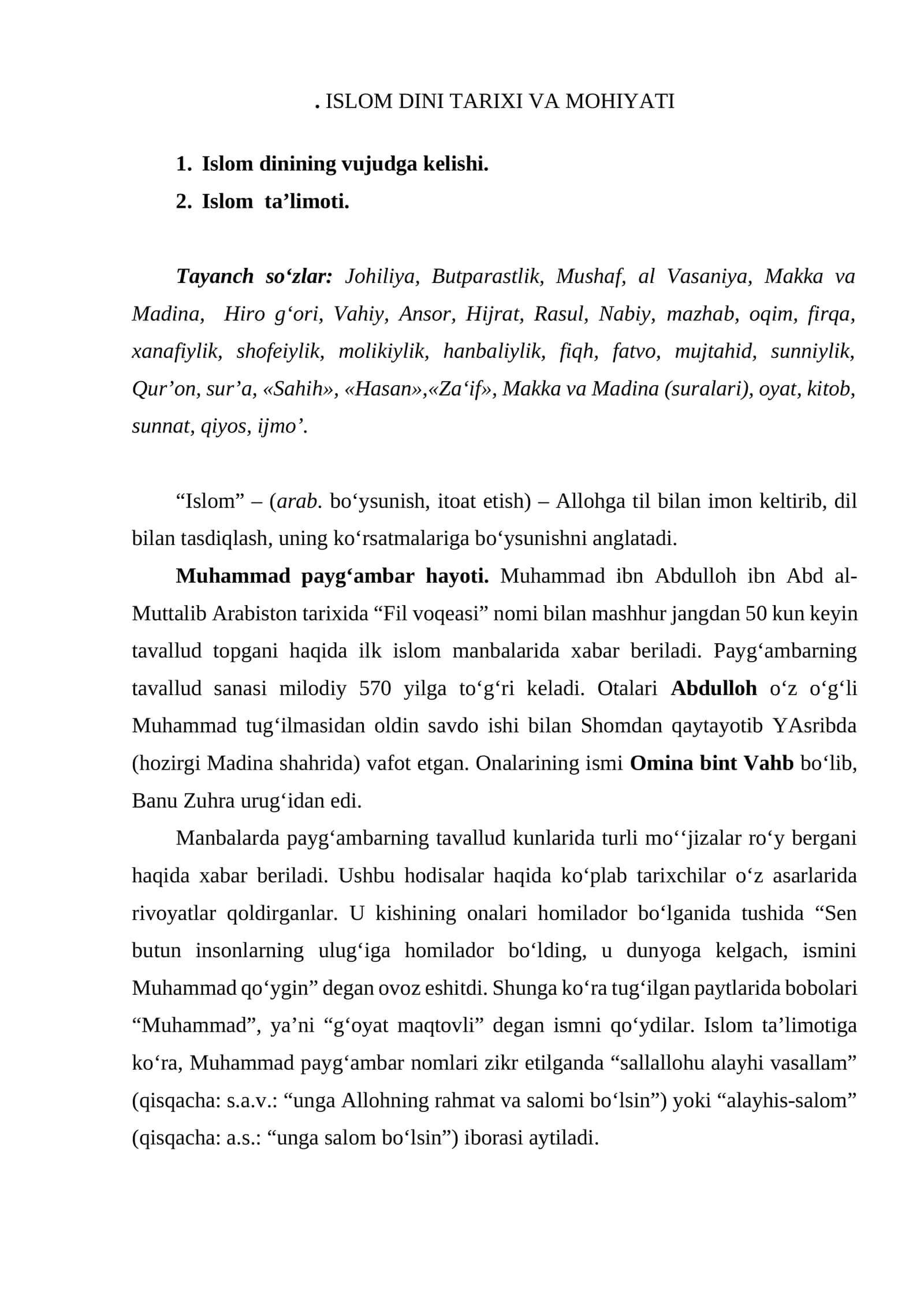 ISLOM DINI TARIXI VA MOHIYATI