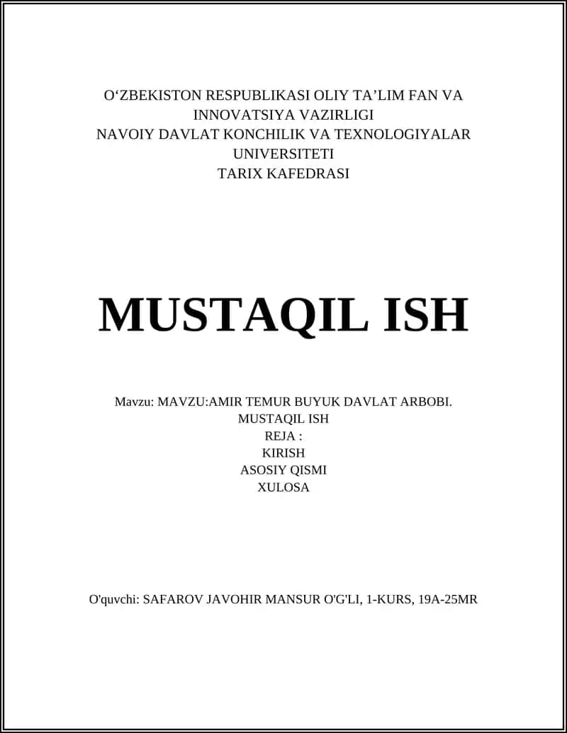 AMIR TEMUR BUYUK DAVLAT ARBOBI