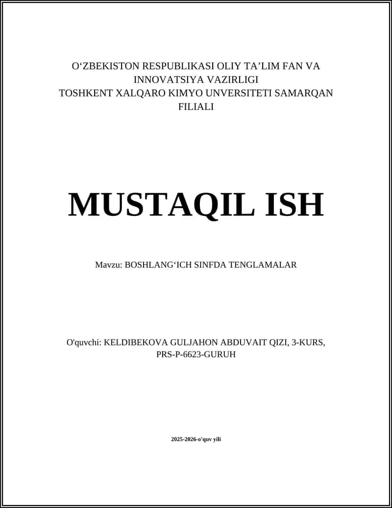 BOSHLANG‘ICH SINFDA TENGLAMALAR