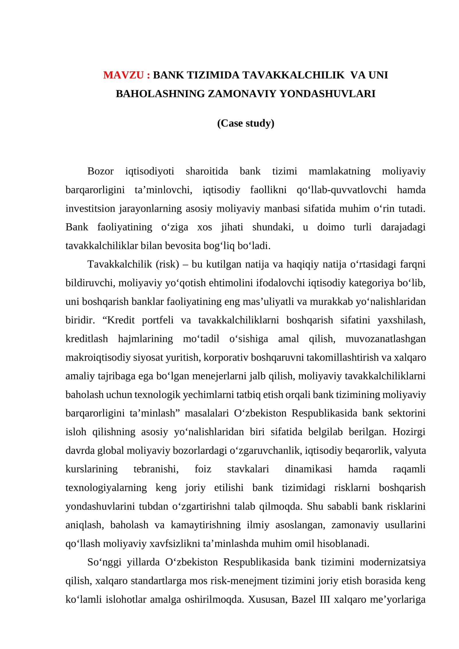 BANK TIZIMIDA TAVAKKALCHILIK VA UNI BAHOLASHNING ZAMONAVIY YONDASHUVLARI