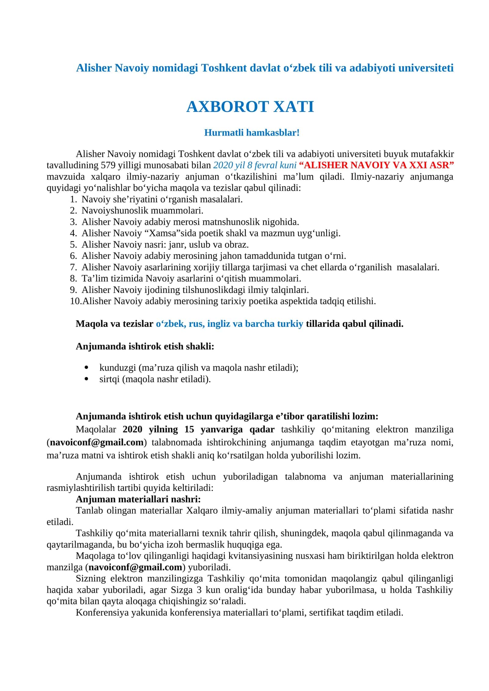 ALISHER NAVOIY VA XXI ASR