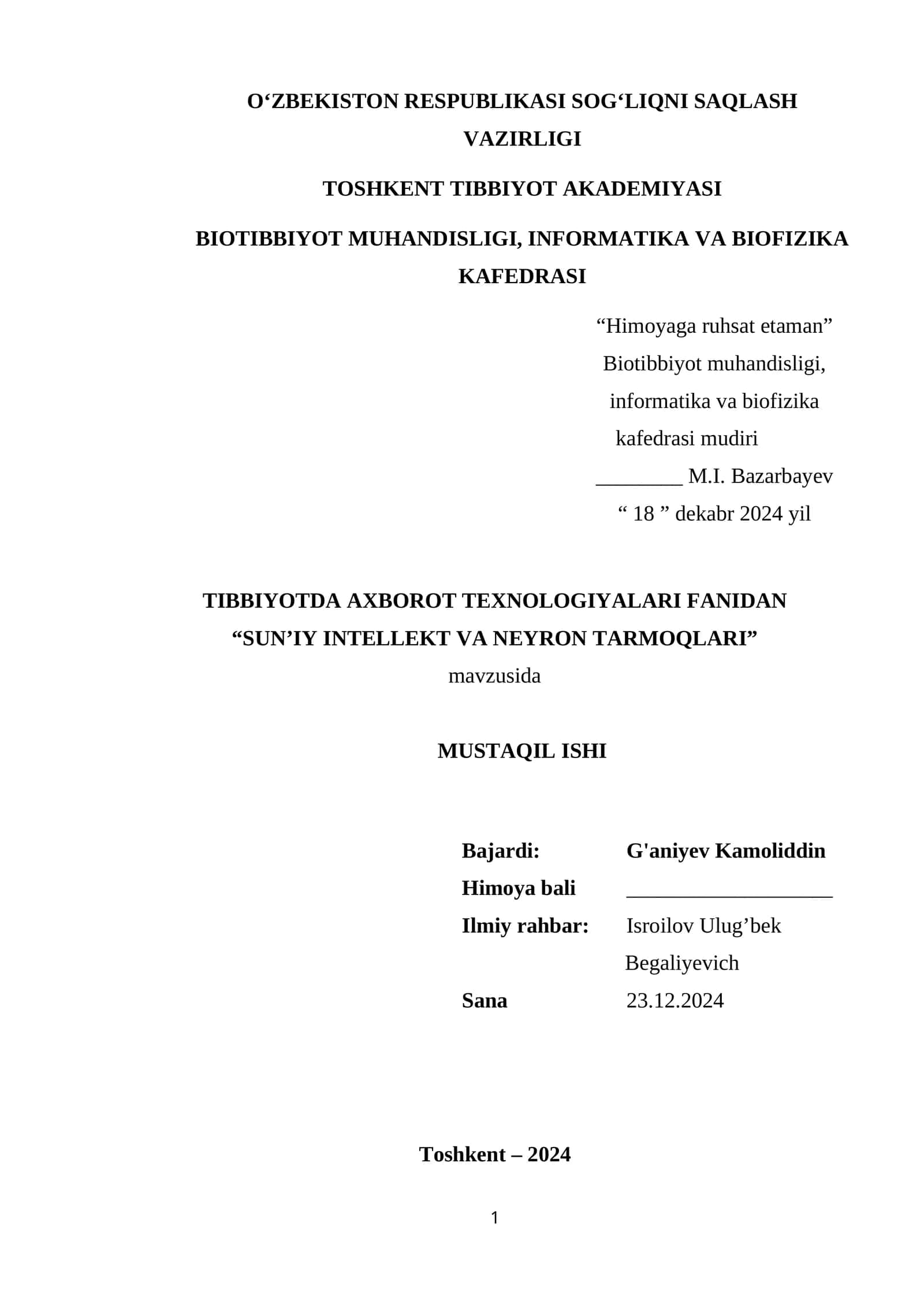 SUN’IY INTELLEKT VA NEYRON TARMOQLARI