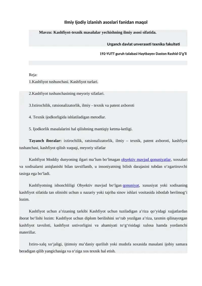 Kashfiyot-texnik masalalar yechishning ilmiy asosi sifatida