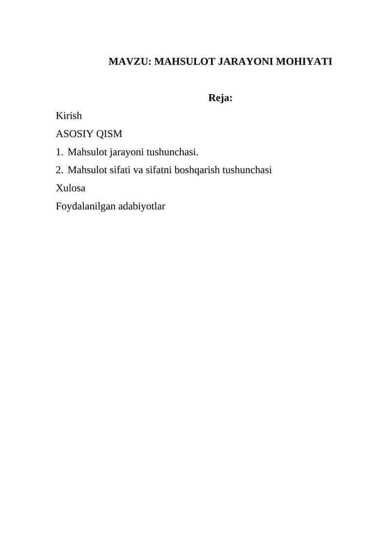 MAHSULOT JARAYONI MOHIYATI