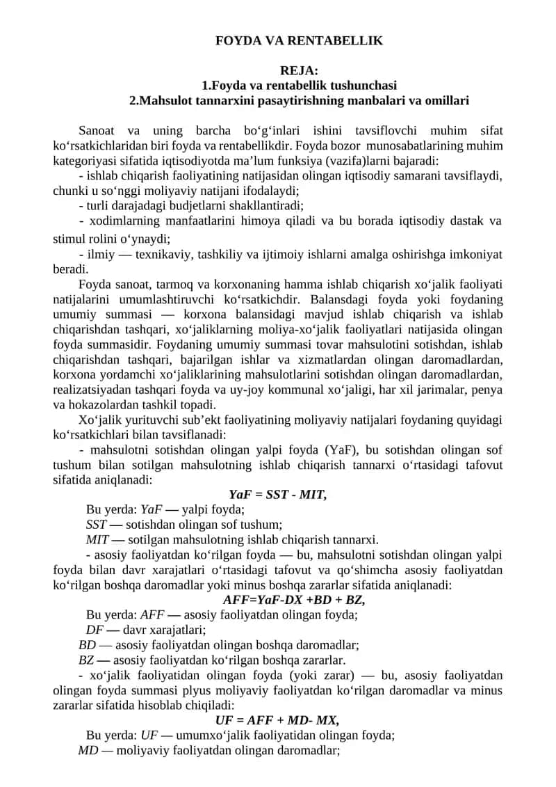 FOYDA VA RENTABELLIK