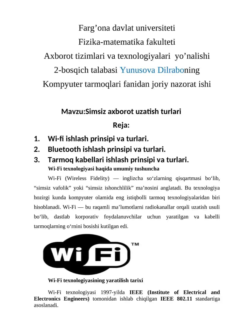 Simsiz axborot uzatish turlari