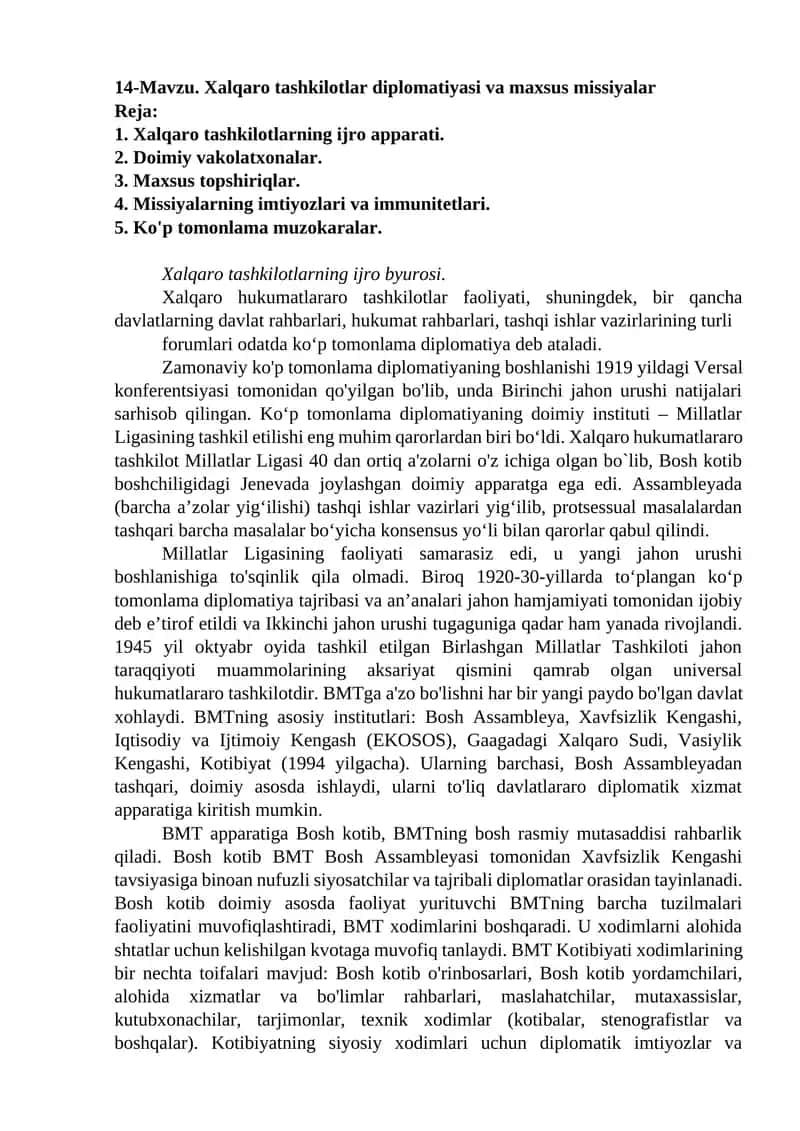 Xalqaro tashkilotlar diplomatiyasi va maxsus missiyalar