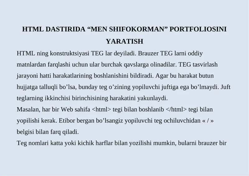 HTML DASTIRIDA “MEN SHIFOKORMAN” PORTFOLIOSINI YARATISH