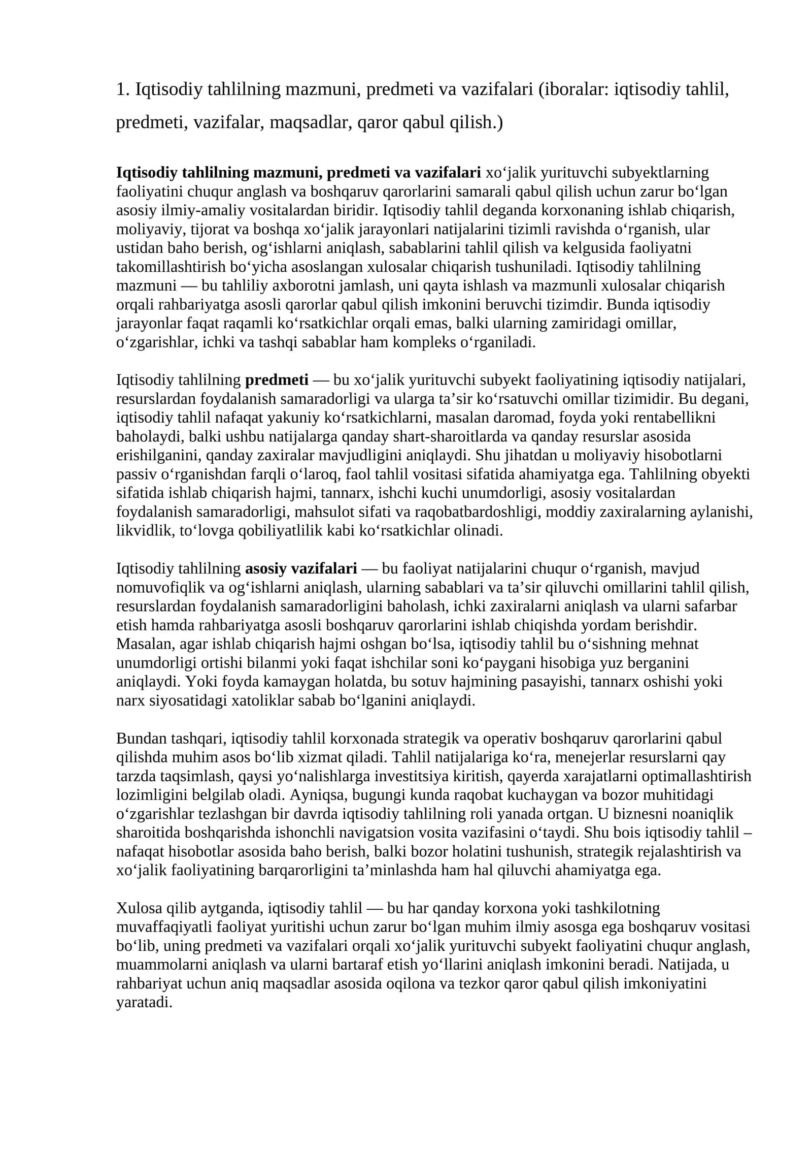 Iqtisodiy tahlilning mazmuni, predmeti va vazifalari