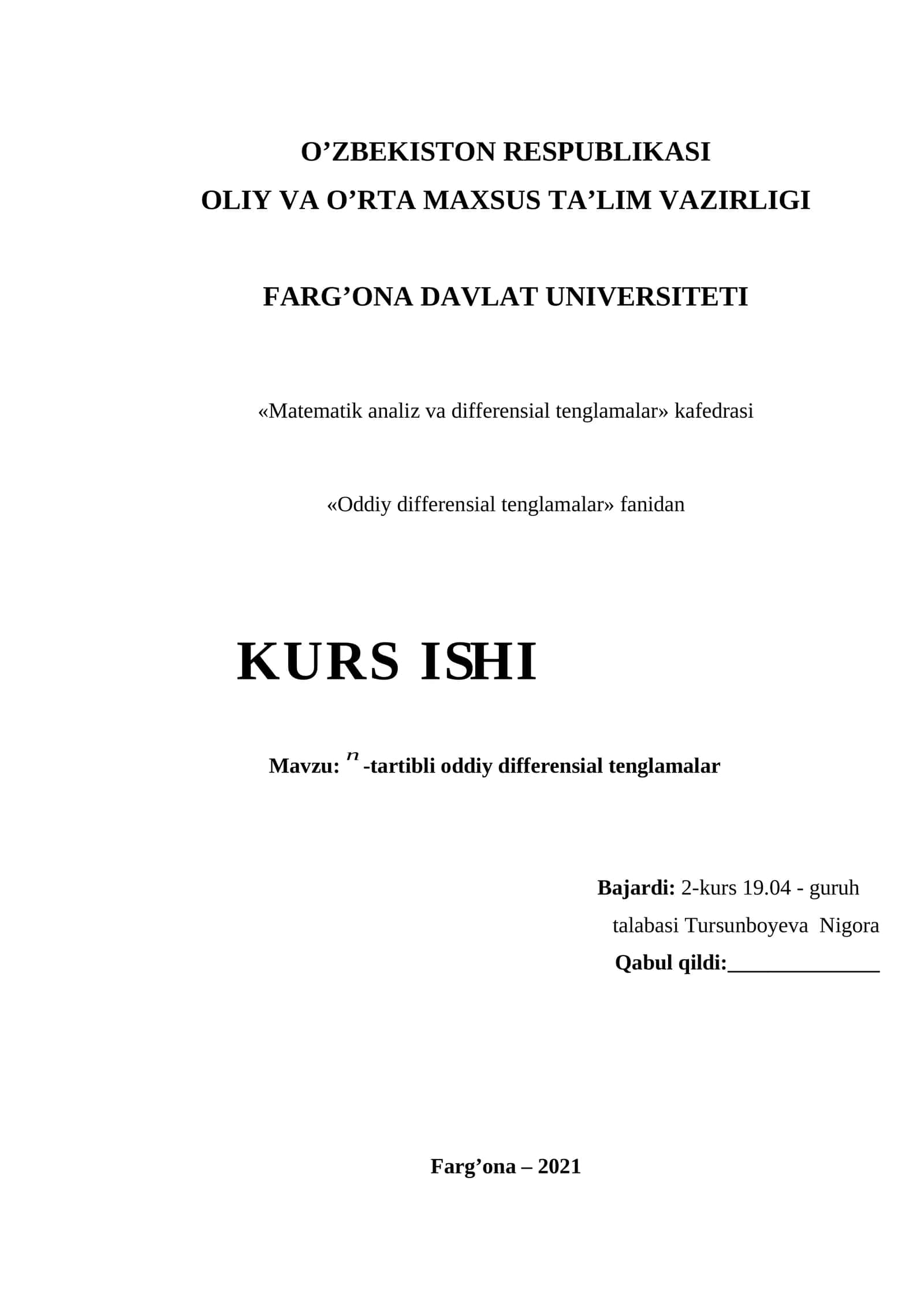 Tartibli Oddiy Differensial Tenglamalar