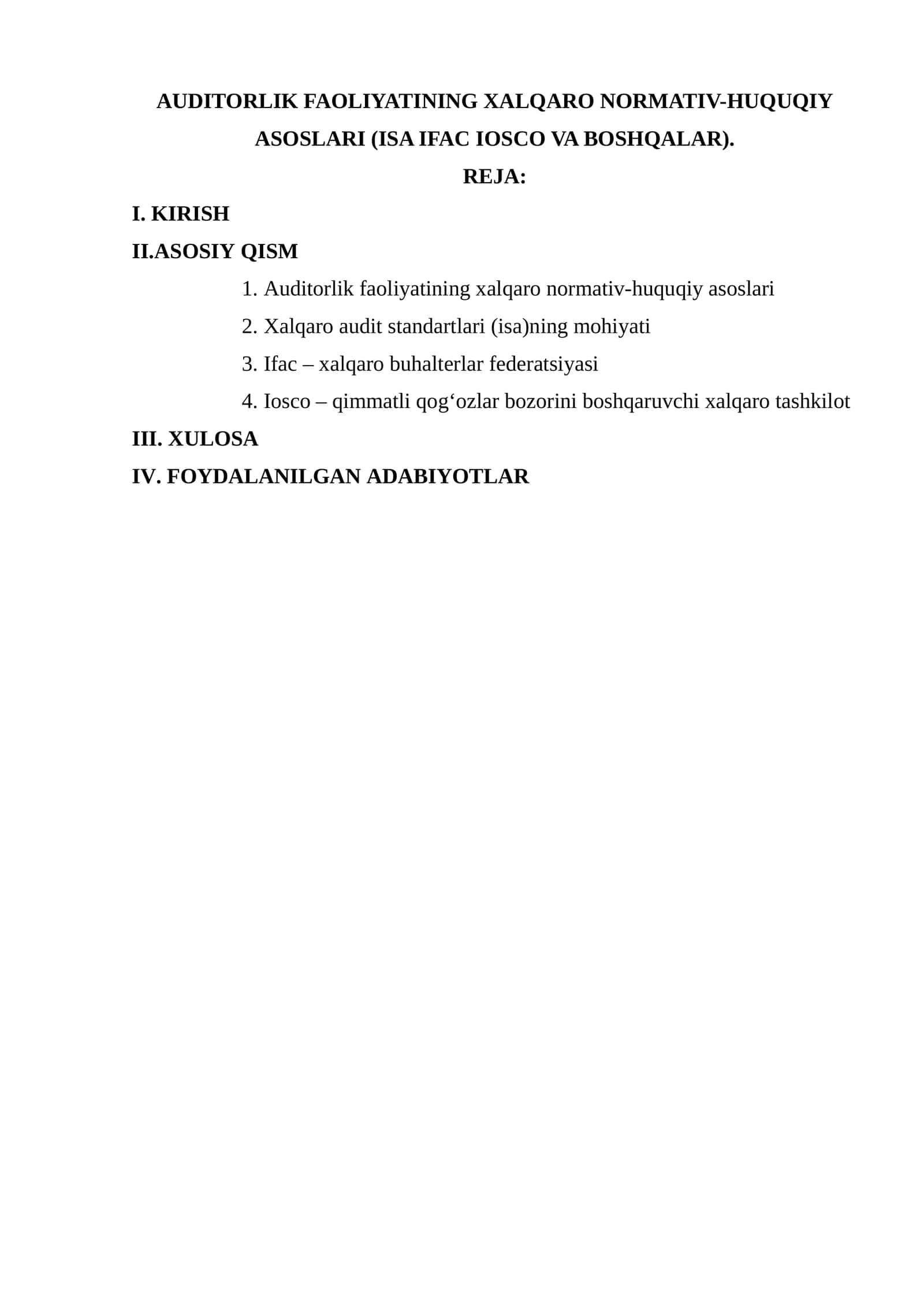 AUDITORLIK FAOLIYATINING XALQARO NORMATIV-HUQUQIY ASOSLARI
