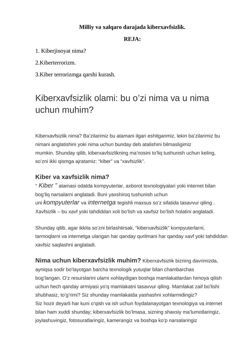 Milliy va xalqaro darajada kiberxavfsizlik