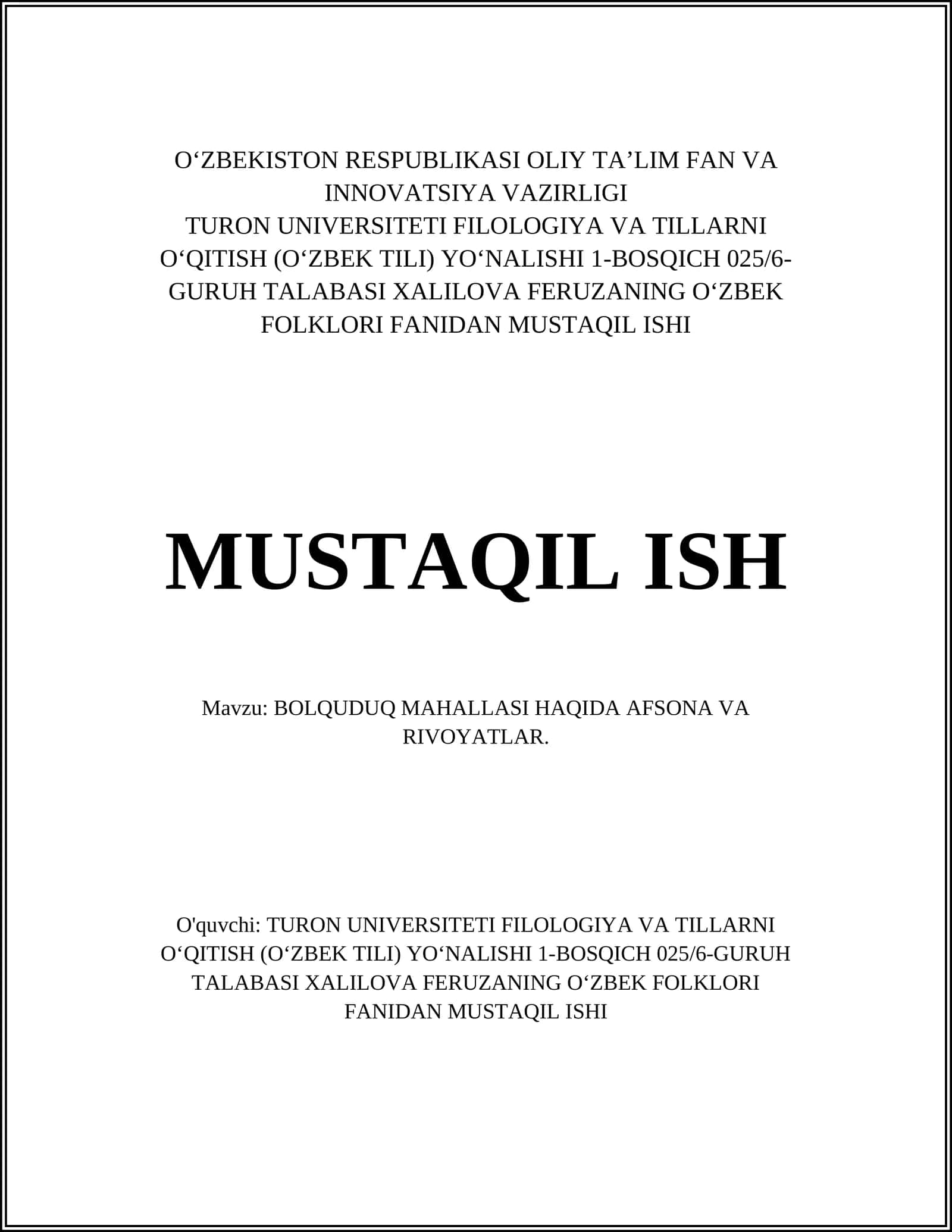 BOLQUDUQ MAHALLASI HAQIDA AFSONA VA RIVOYATLAR