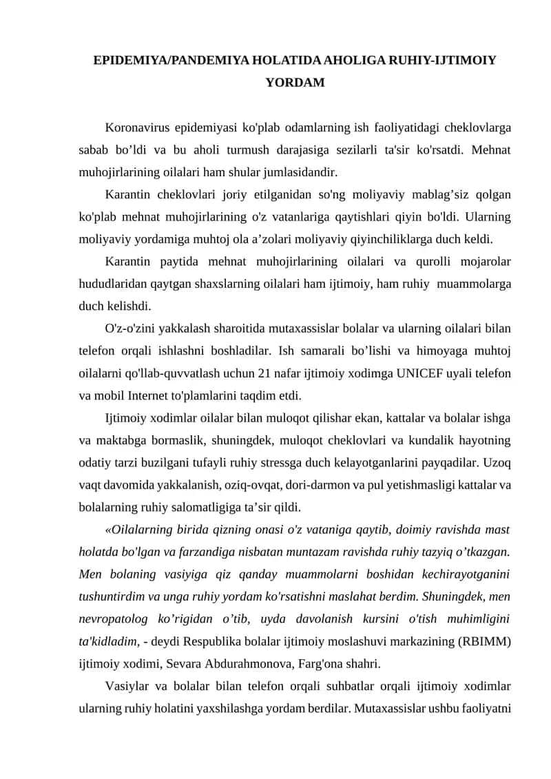 EPIDEMIYA/PANDEMIYA HOLATIDA AHOLIGA RUHIY-IJTIMOIY YORDAM