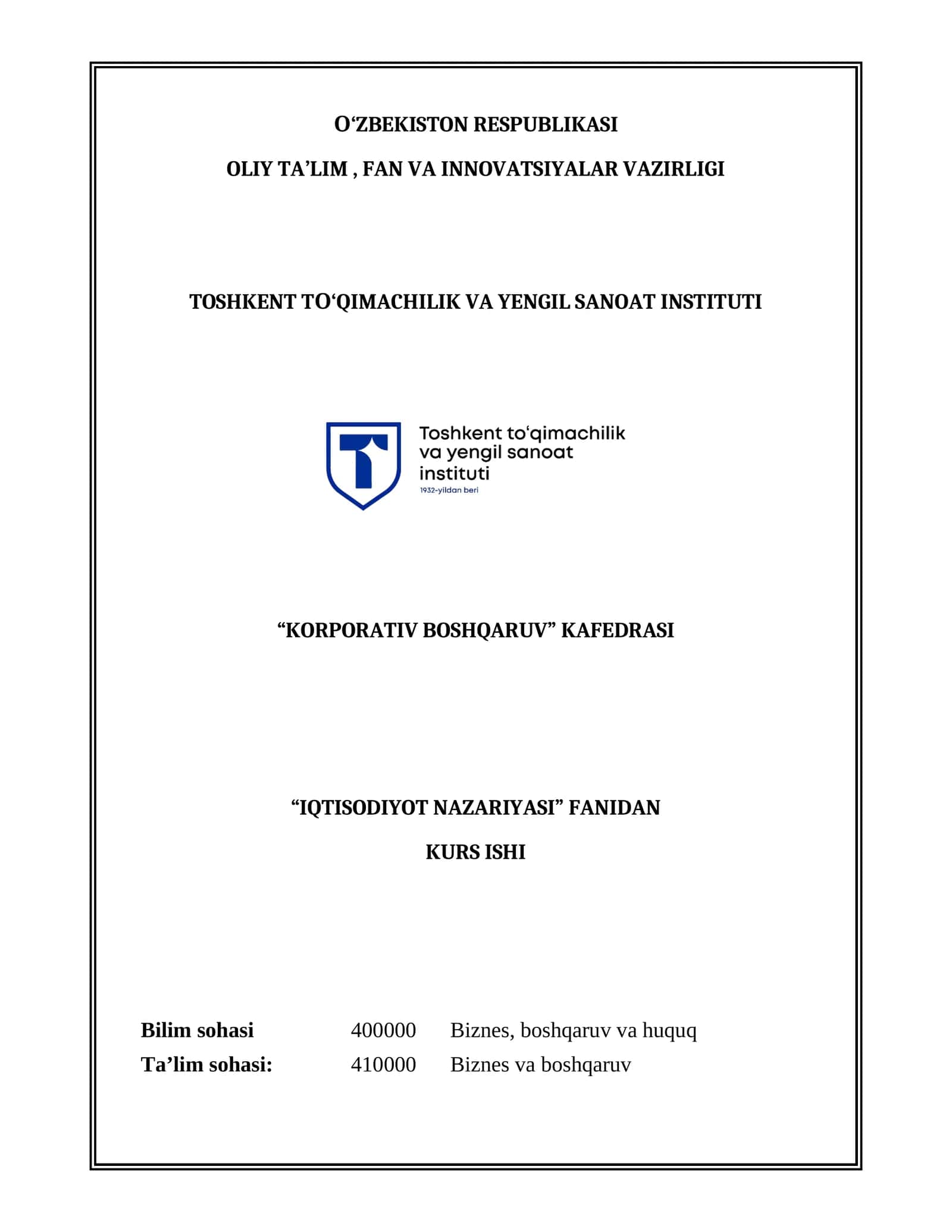 IQTISODIYOT NAZARIYASI KURS ISHI