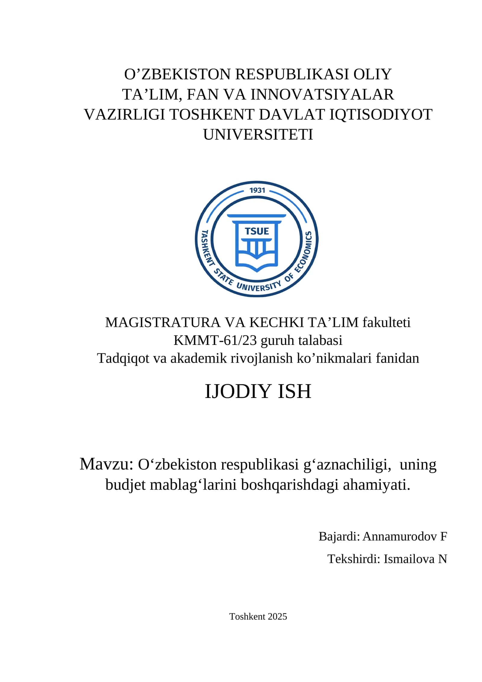 Oʻzbekiston gʻaznachiligini rivojlantirish va mohiyat