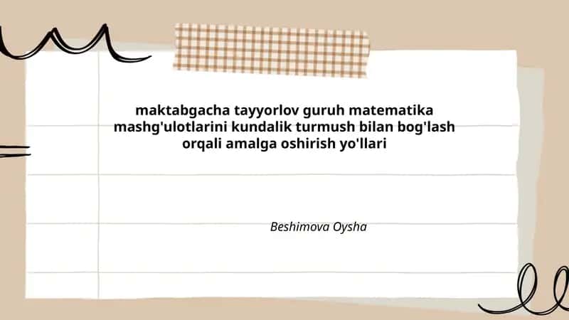 maktabgacha tayyorlov guruh matematika mashg'ulotlarini kundalik turmush bilan bog'lash orqali amalga oshirish yo'llari