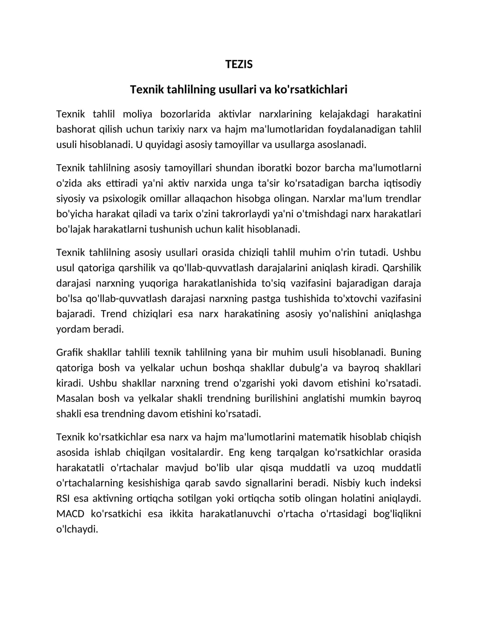 Texnik tahlilning usullari va ko'rsatkichlari