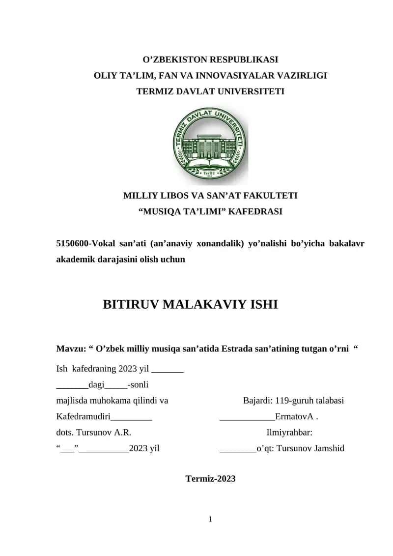 Vokal san’ati (an’anaviy xonandalik) yo’nalishi bo’yicha bakalavr akademik darajasini olish uchun