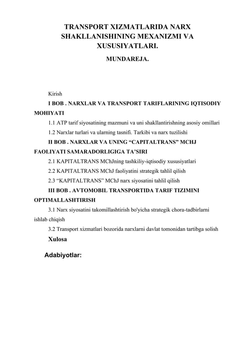 TRANSPORT XIZMATLARIDA NARX SHAKLLANISHINING MEXANIZMI VA XUSUSIYATLARI.