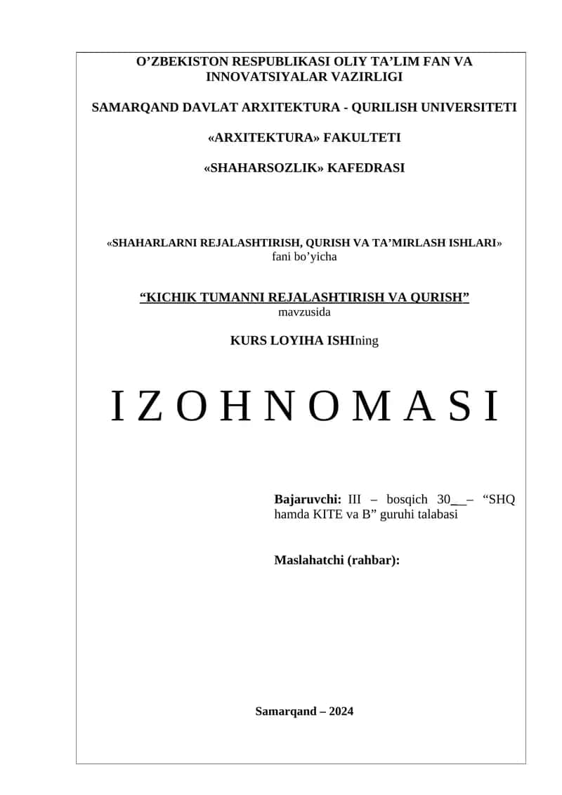 KICHIK TUMANNI REJALASHTIRISH VA QURISH