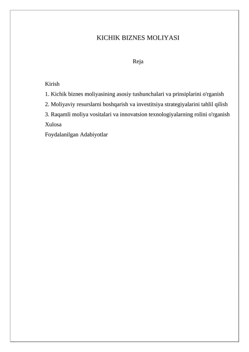 Kichik biznes moliyasi