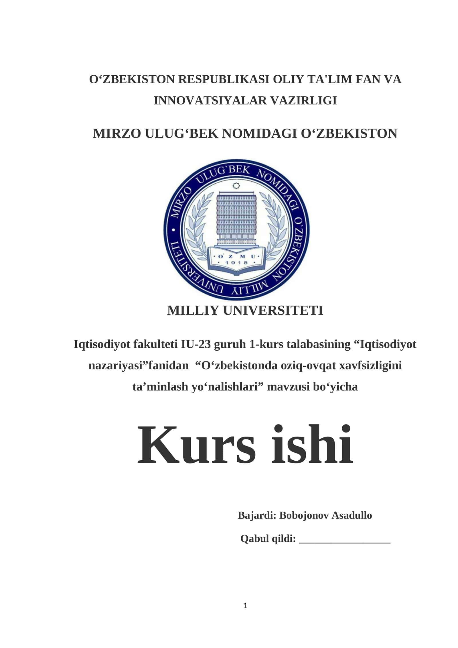 O‘zbekistonda oziq-ovqat xavfsizligini ta’minlash yo‘nalishlari