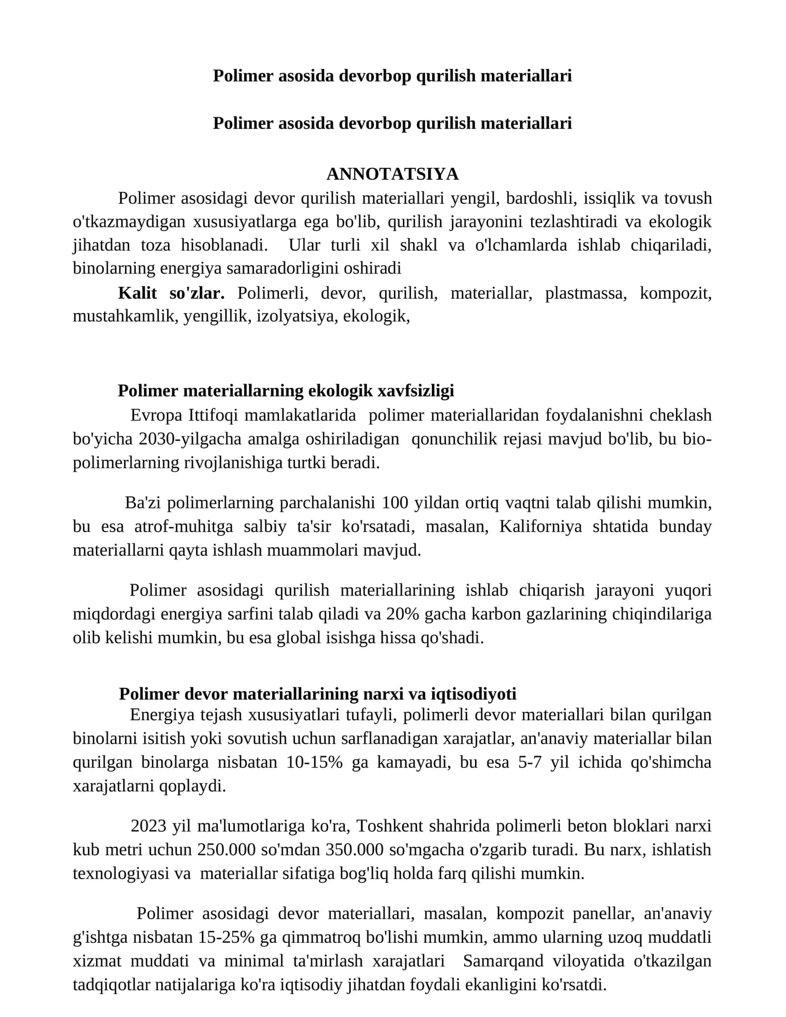 Polimer asosida devorbop qurilish materiallari