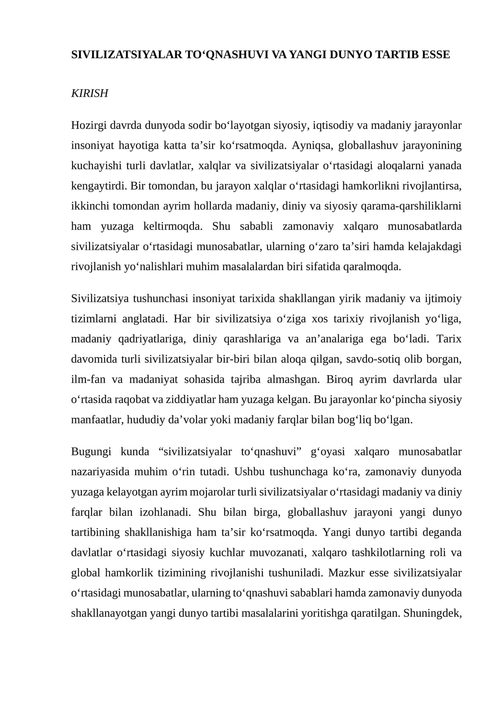 SIVILIZATSIYALAR TO‘QNASHUVI VA YANGI DUNYO TARTIB ESSE