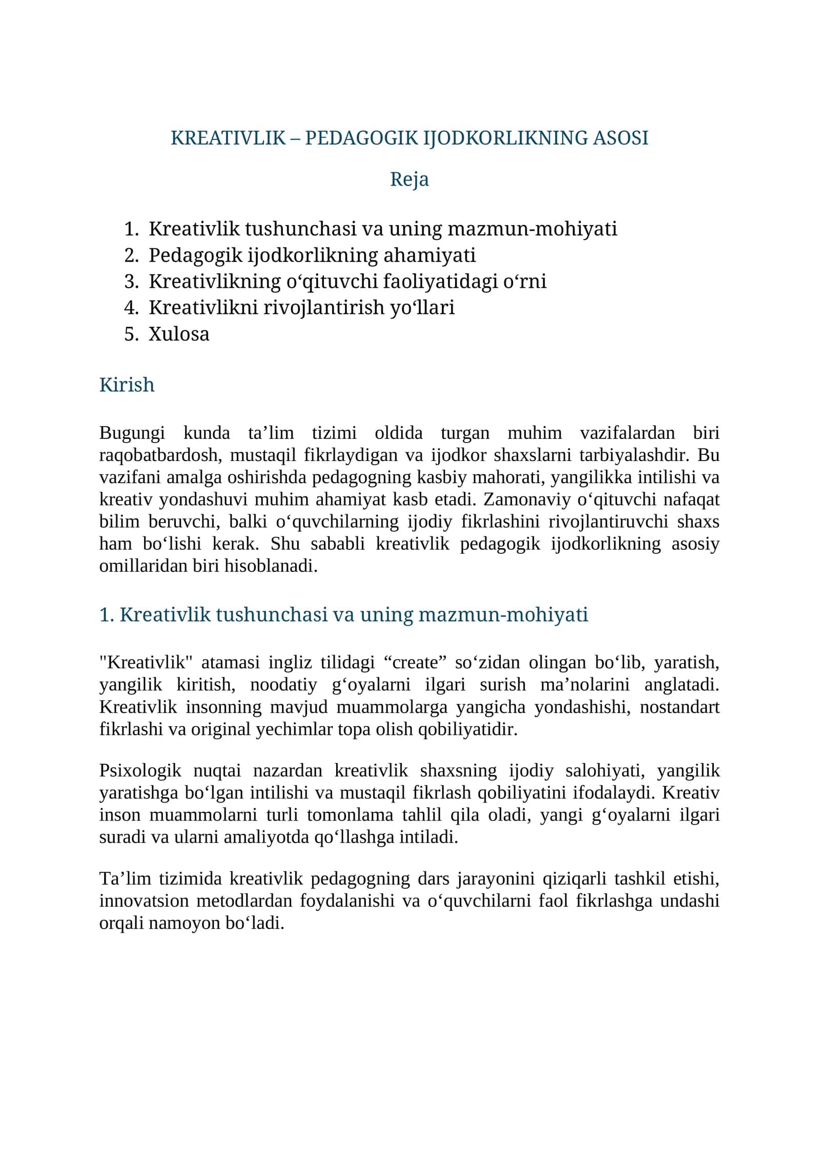 KREATIVLIK – PEDAGOGIK IJODKORLIKNING ASOSI