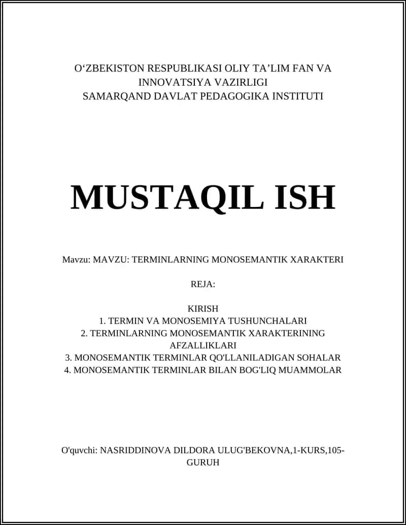 TERMINLARNING MONOSEMANTIK XARAKTERI