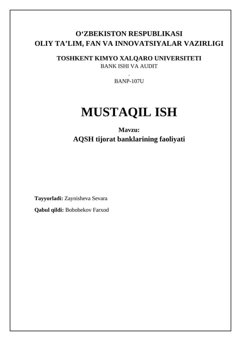 AQSH tijorat banklarining faoliyati