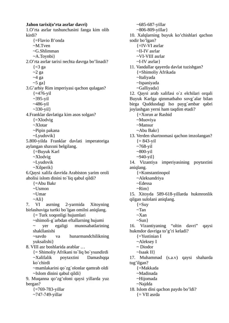 Jahon tarixi(o’rta asrlar davri)