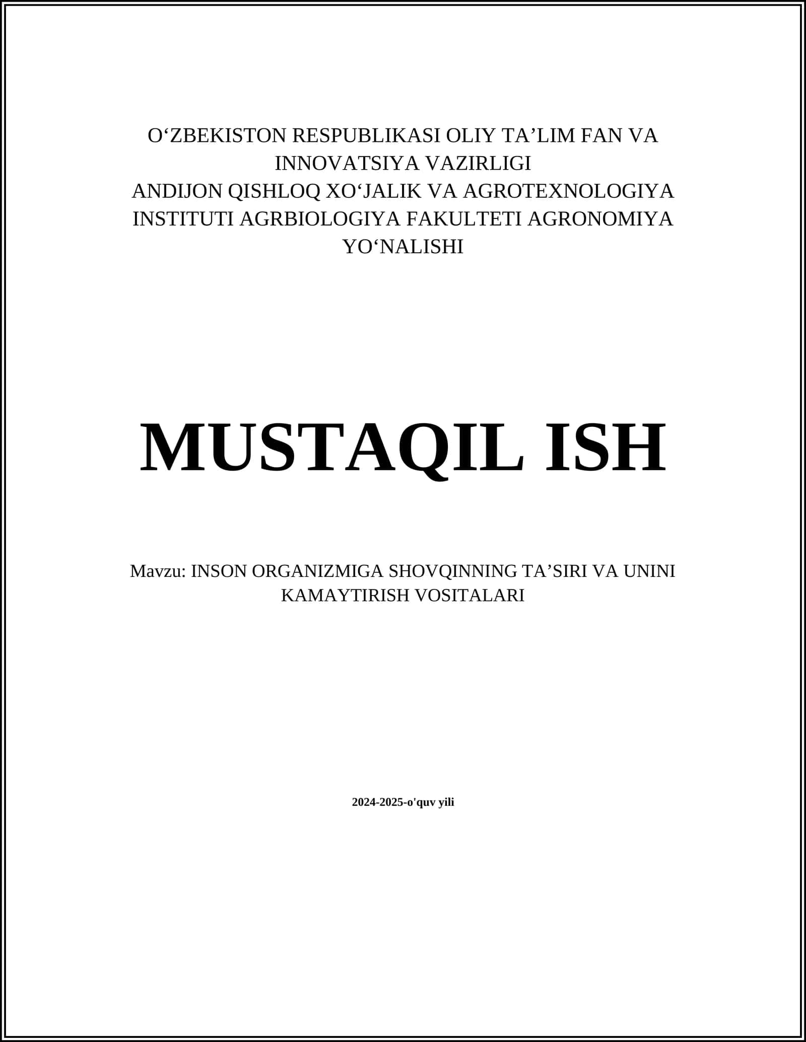 INSON ORGANIZMIGA SHOVQINNING TAʼSIRI VA UNINI KAMAYTIRISH VOSITALARI