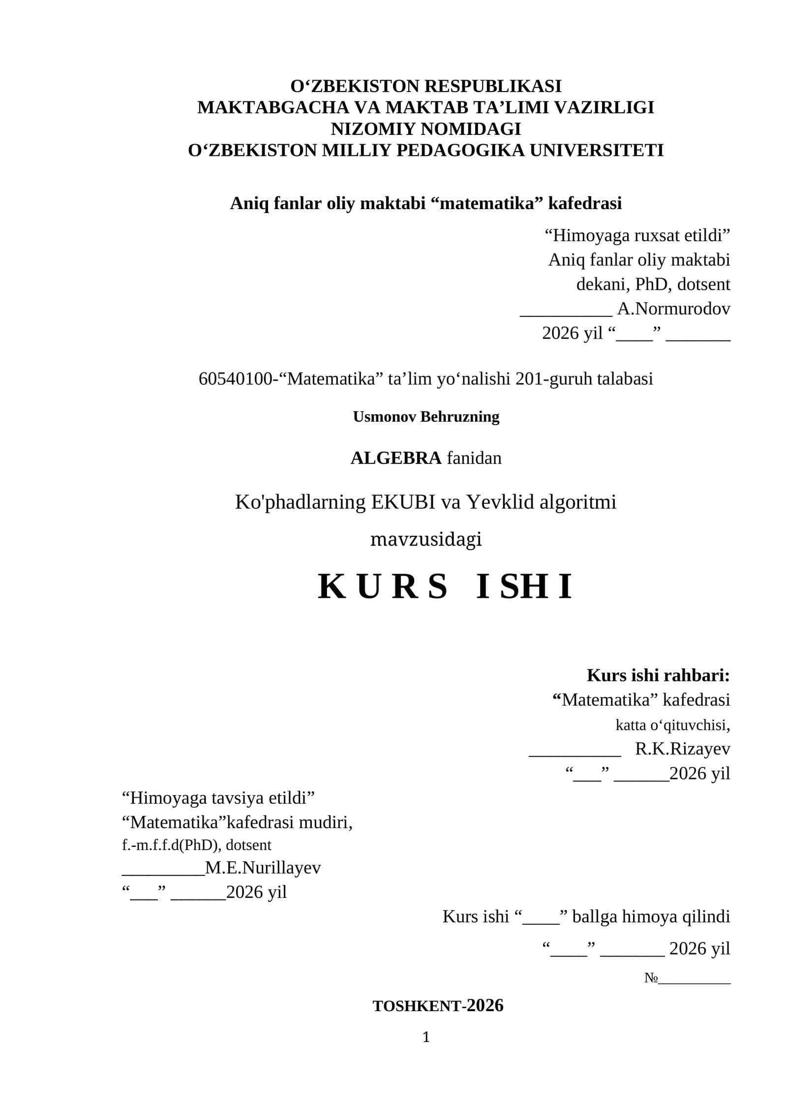 Ko'phadlarning EKUBI va Yevklid algoritmi