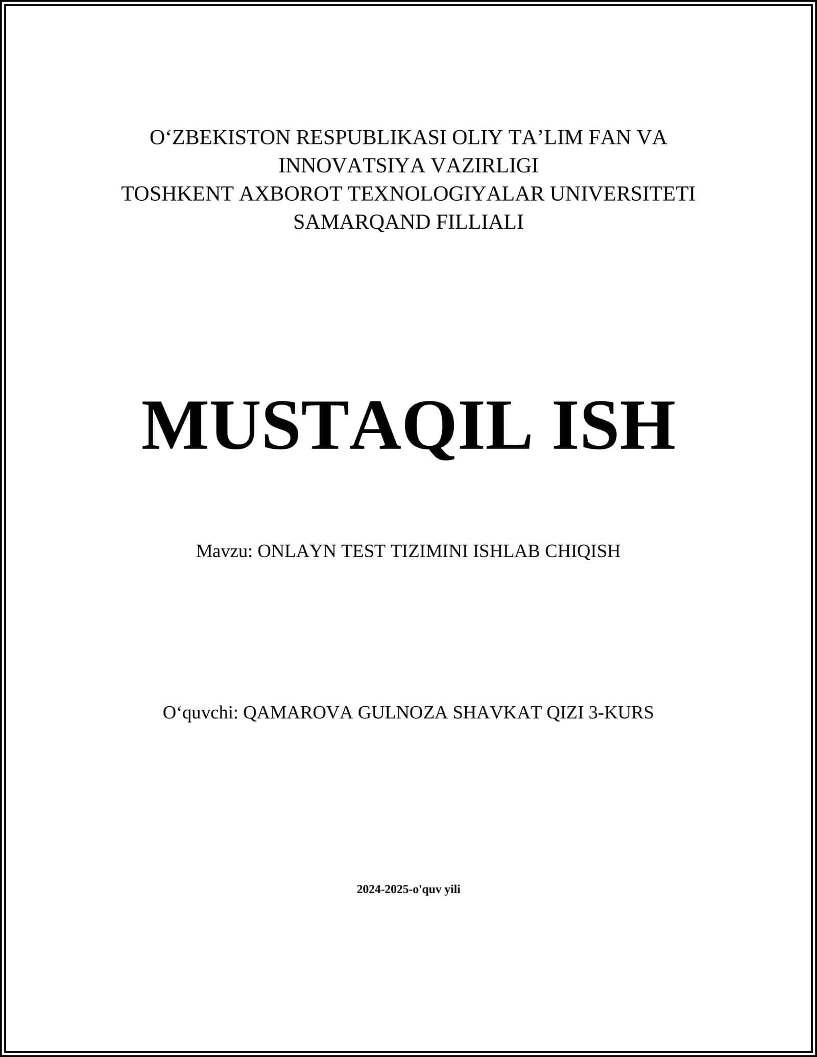 ONLAYN TEST TIZIMINI ISHLAB CHIQISH