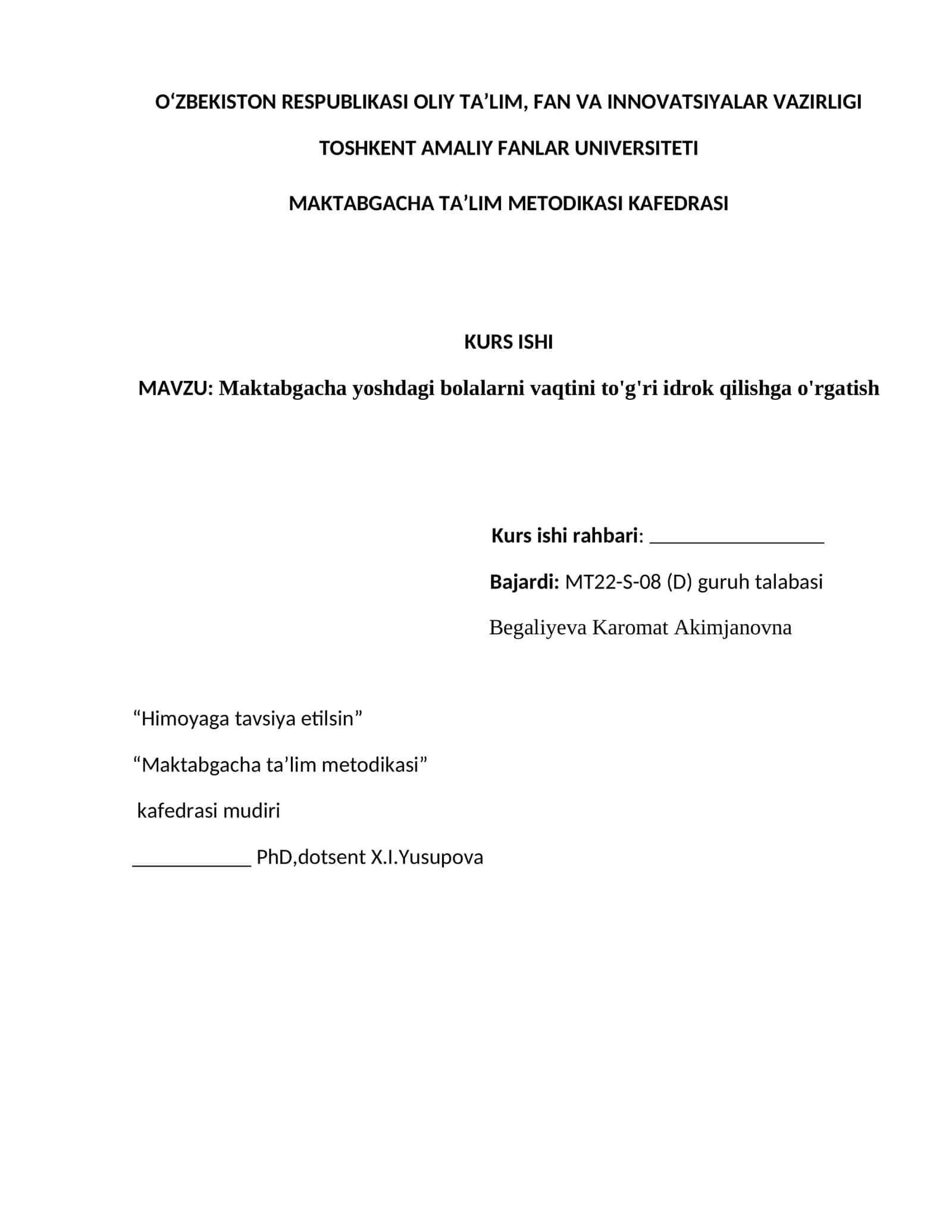 Maktabgacha yoshdagi bolalarni vaqtini to'g'ri idrok qilishga o'rgatish