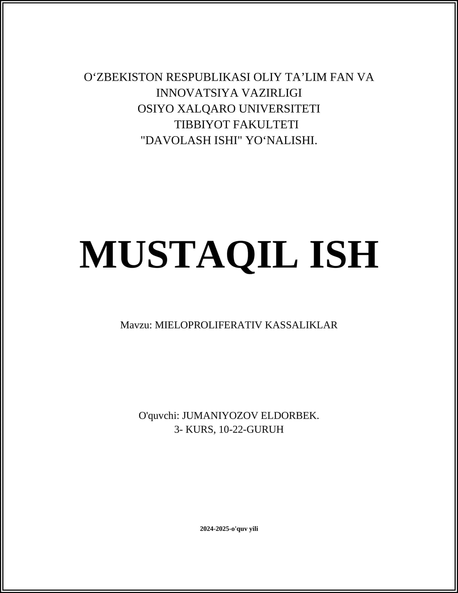 MIELOPROLIFERATIV KASSALIKLAR