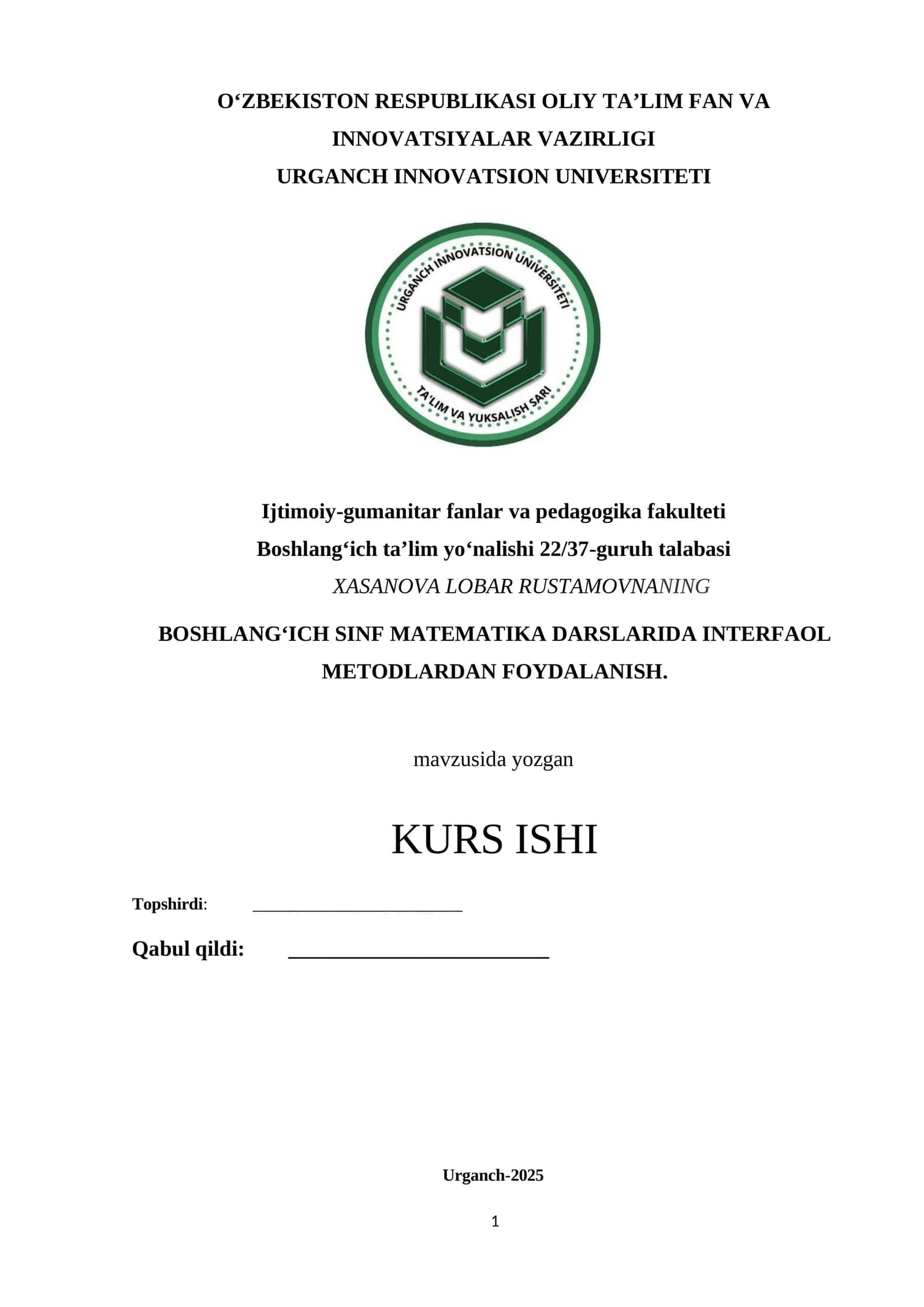 BOSHLANG‘ICH SINF MATEMATIKA DARSLARIDA INTERFAOL METODLARDAN FOYDALANISH