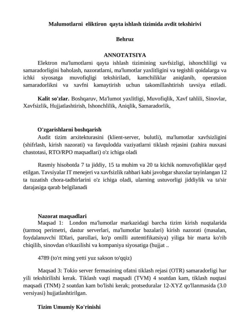 Malumotlarni eliktiron qayta ishlash tizimida avdit tekshirivi