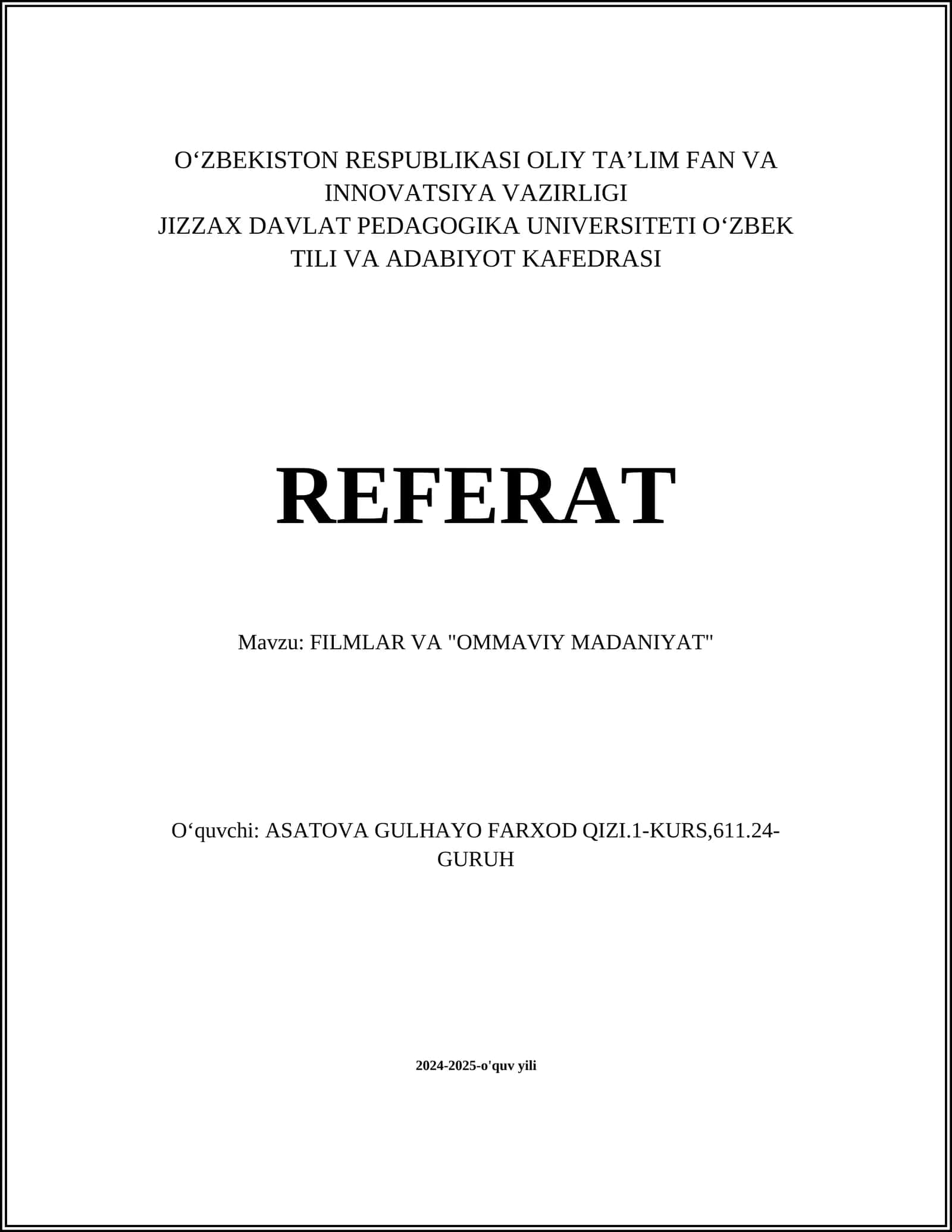 FILMLAR VA "OMMAVIY MADANIYAT" REFERAT