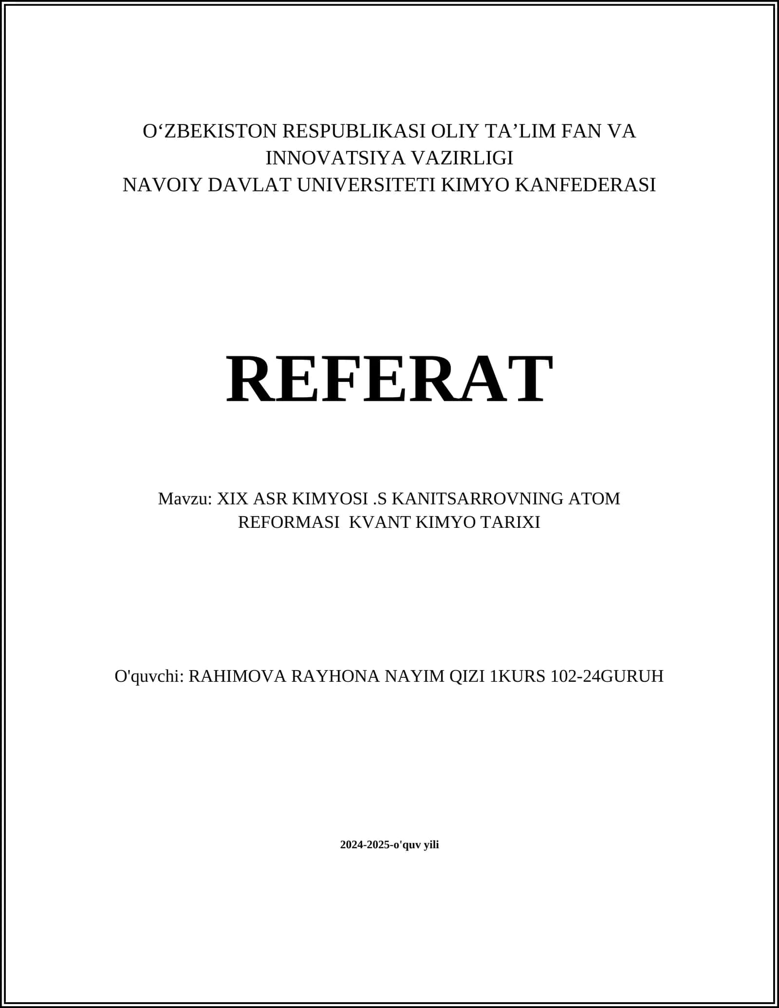 XIX ASR KIMYOSI.S KANITSARROVNING ATOM REFORMASI KVANT KIMYO TARIXI