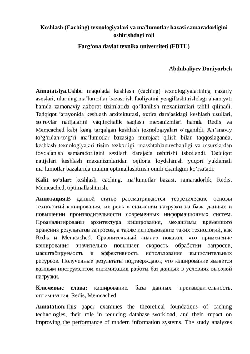 Keshlash (Caching) texnologiyalari va ma’lumotlar bazasi samaradorligini oshirishdagi roli