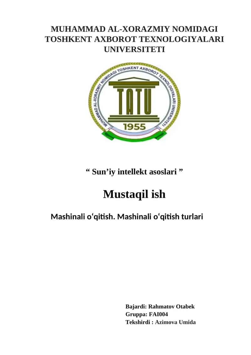 Mashinali o‘qitish. Mashinali o‘qitish turlari