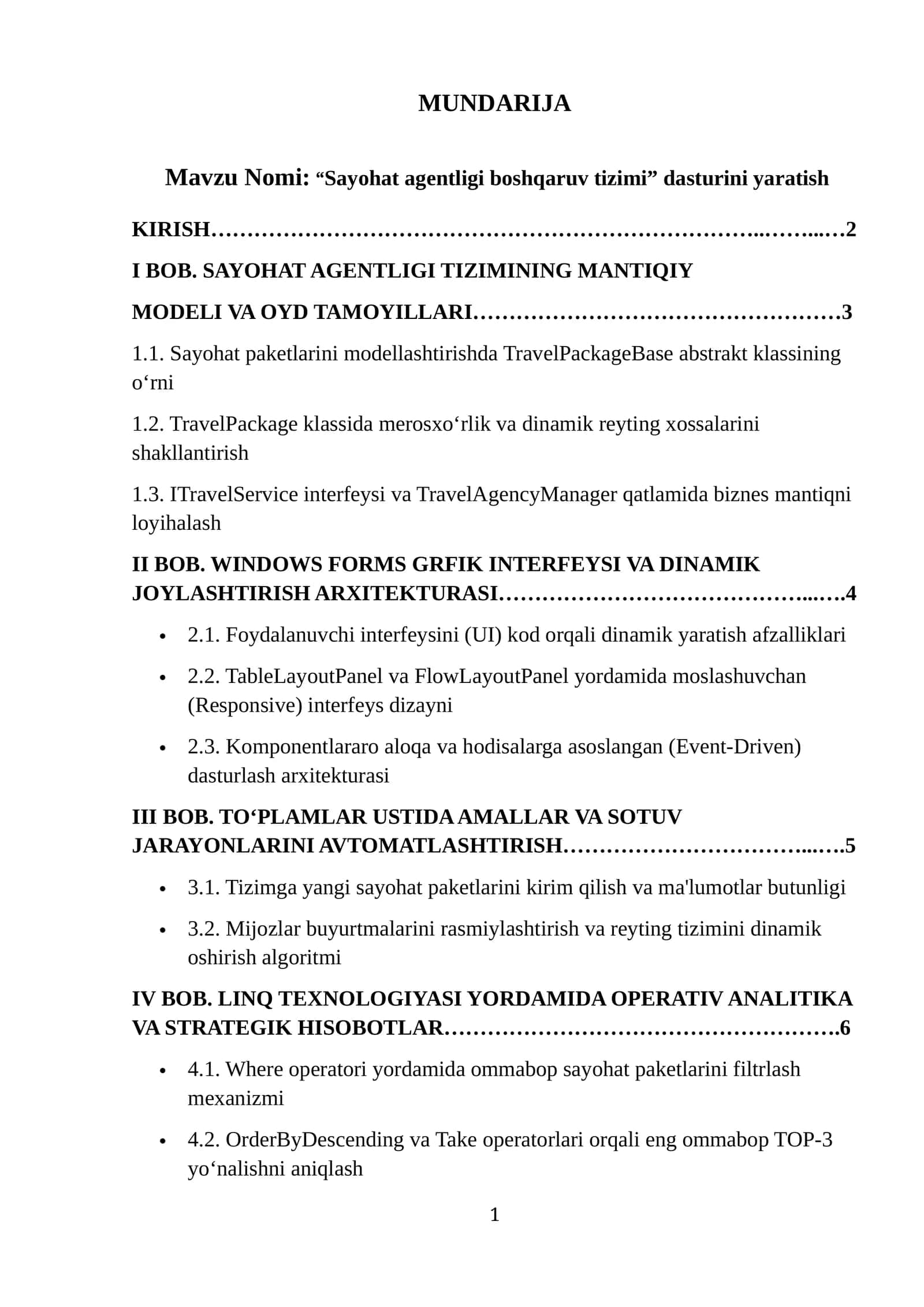 “Sayohat agentligi boshqaruv tizimi” dasturini yaratish