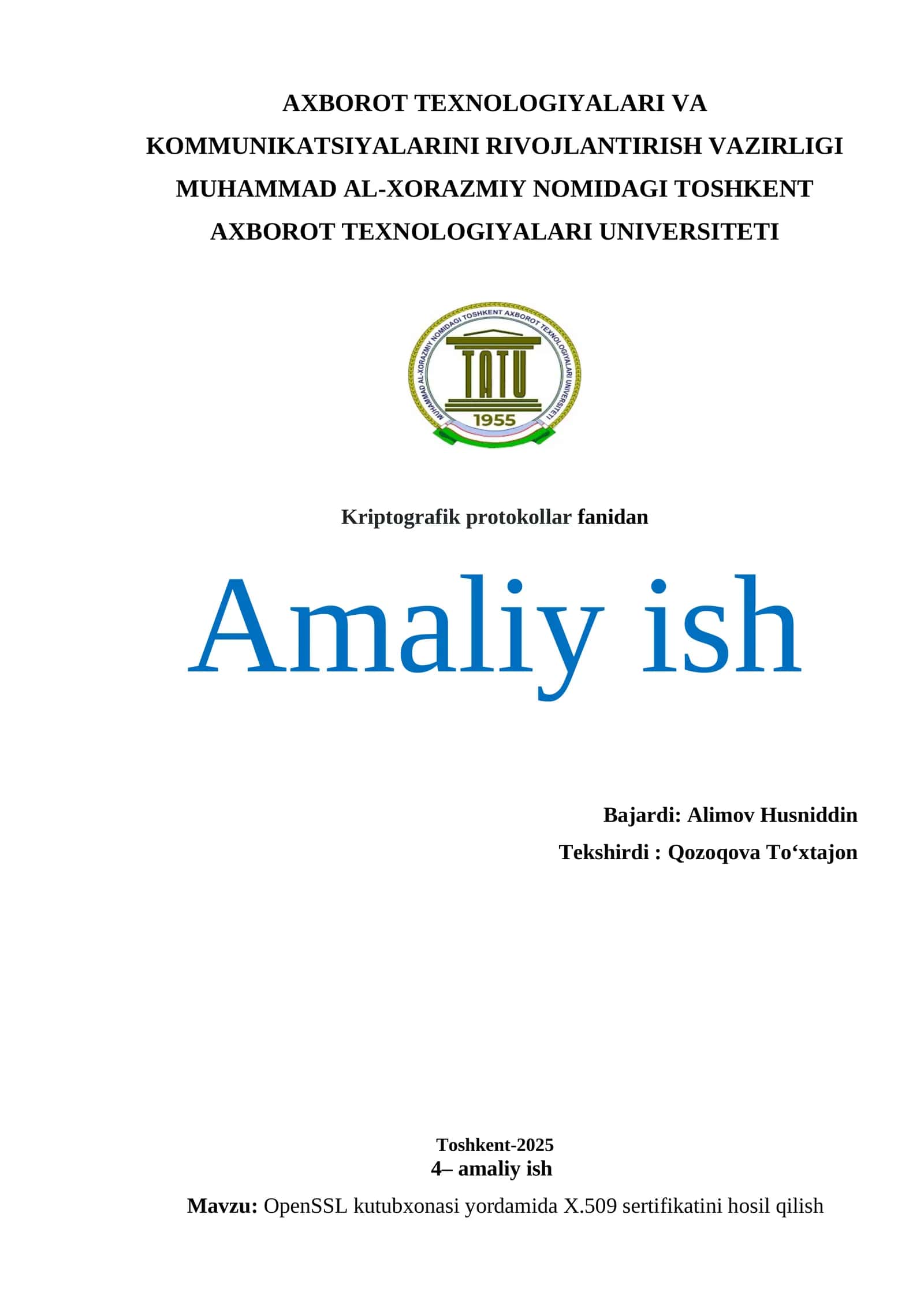OpenSSL kutubxonasi yordamida X.509 sertifikatini hosil qilish