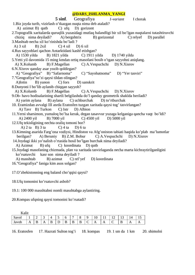 5 sinf. Geografiya 1-variant I chorak